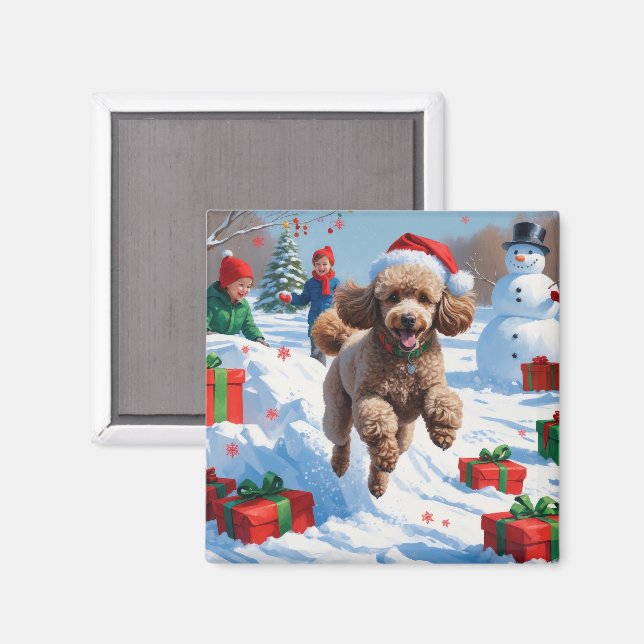 Pudel springer i snö med julhatt magnet (Front/Back)