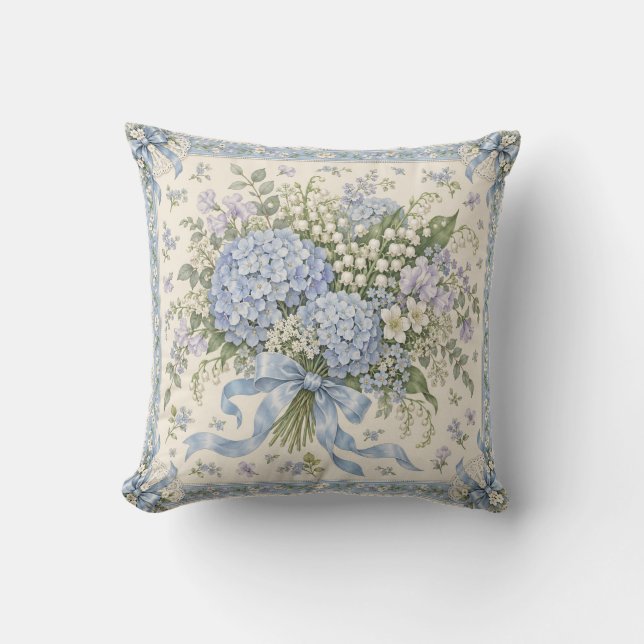 Puderblå Hydrangea Slöja Spetsram Kudde (Framsida)