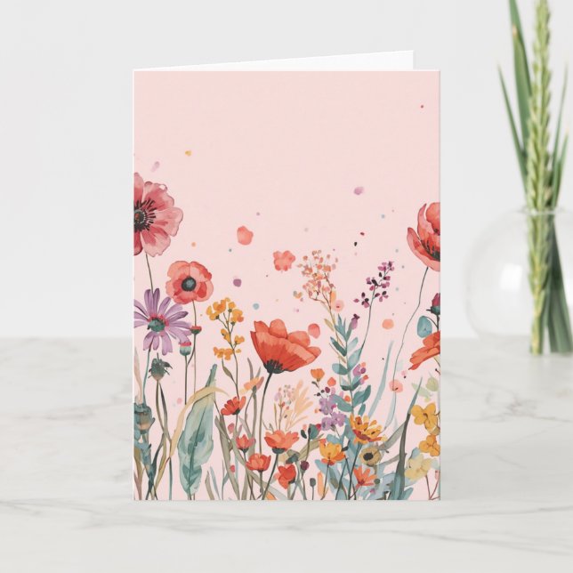 Pudra Rosa Bakgrund med vallmo, vilda blommor Kort (Framsida)