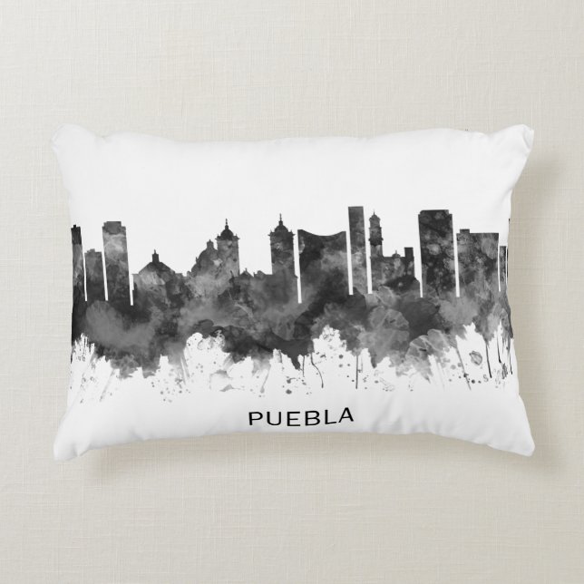 Puebla Mexiko Skyline BW Prydnadskudde (Framsidan)