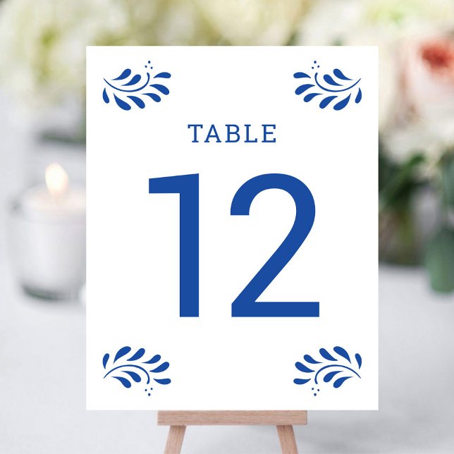 Puebla Stil Blått Bordnummer för Bröllop (Puebla Style Blue Wedding Table Number by Fiesta Valley Print)