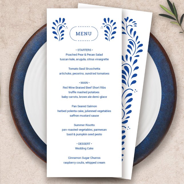 Puebla Stil Blue Mexican Bröllop Menu Program (Puebla Style Blue Mexican Wedding Menu by Fiesta Valley Print)