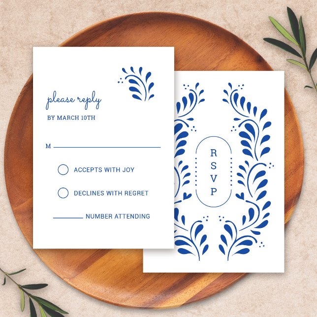 Puebla Stil Blue Mexican Bröllop OSA Card (Puebla Style Blue Mexican Wedding RSVP Card by Fiesta Valley Print)