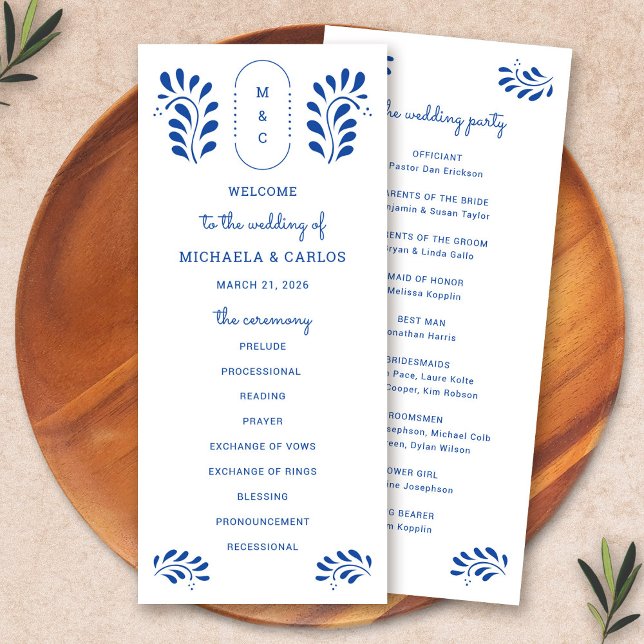Puebla Stil Blue Mexican Bröllopsprogram Program (Puebla Style Blue Mexican Wedding Program by Fiesta Valley Print)