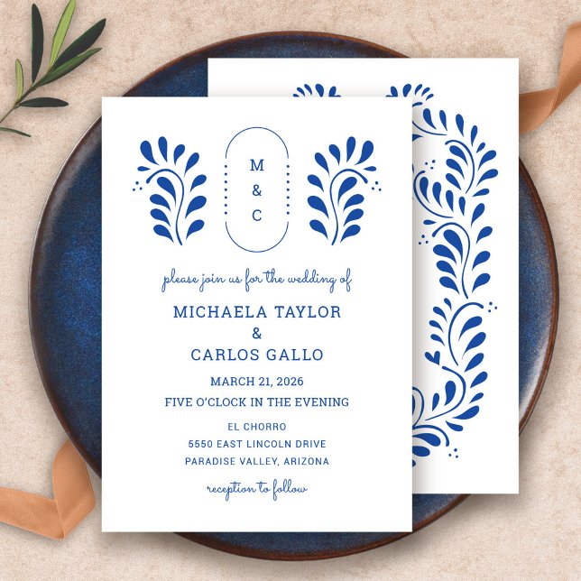 Puebla Stil Blue Mexican Wedding bjudande Inbjudningar (Puebla Style Blue Mexican Wedding Invitation by Fiesta Valley Print)