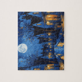 Pueblo de noche con luces y faroles pussel