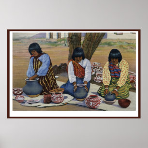 Pueblo indianska kvinnor skapar keramiska krukor p poster