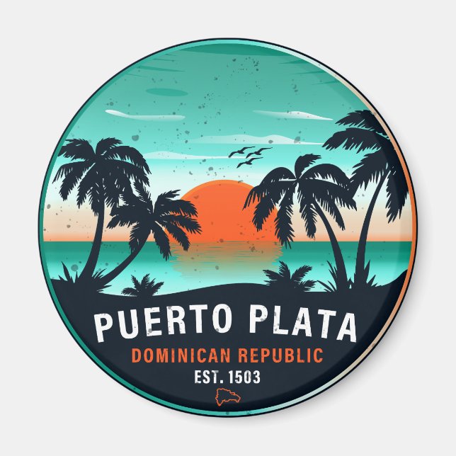 Puerto Plata Dominican Retro Sunset Souvenir 60 s Magnet (Framsidan)