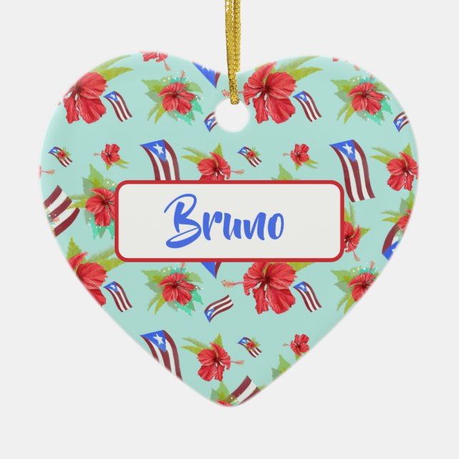 Puerto Rican Flagga Flor de Maga Julgransprydnad Keramik (Framsidan)