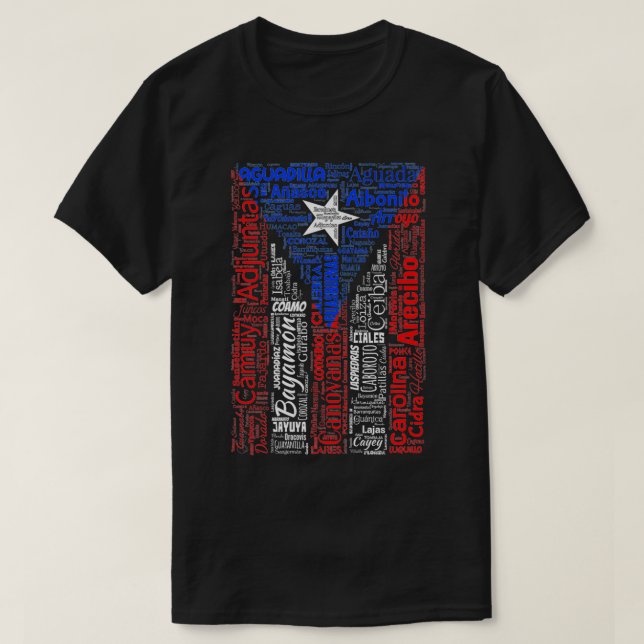 Puerto Rican Flagga med Städer och städerna Puerto T Shirt (Design framsida)
