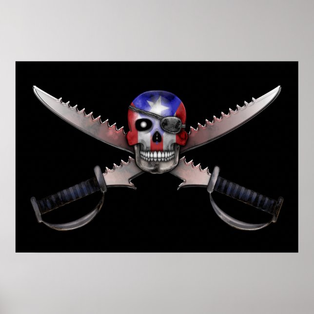 Puerto Rican Flagga - Skull och korsade svärd Poster (Framsidan)