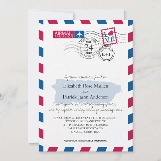 Puerto Rico Airmail bröllopsinbjudan Inbjudningar (Framsida)