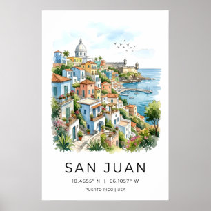 Puerto Rico akvarelltryck San Juan hamn scen Poster