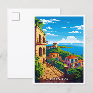 Puerto Rico Caribbean Travel Vintage Illustration Vykort