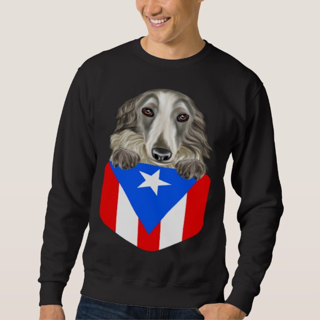 Puerto Rico Flag Borzoi Dog In Pocket Lång Ärmad Tröja (Framsida)