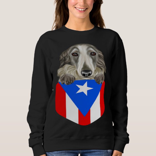 Puerto Rico Flag Borzoi Dog In Pocket T Shirt (Framsida)