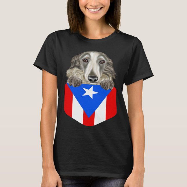 Puerto Rico Flag Borzoi Dog In Pocket T Shirt (Framsida)