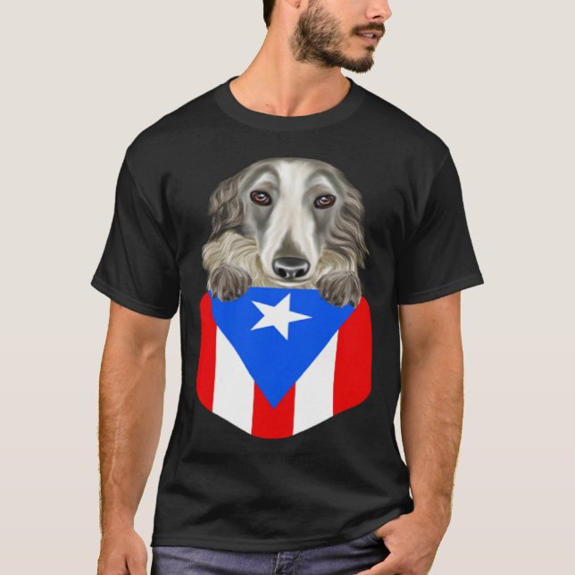 Puerto Rico Flag Borzoi Dog In Pocket T Shirt (Framsida)