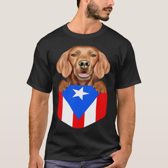 Puerto Rico Flag Irish Setter Dog In Pocket T Shirt (Framsida)