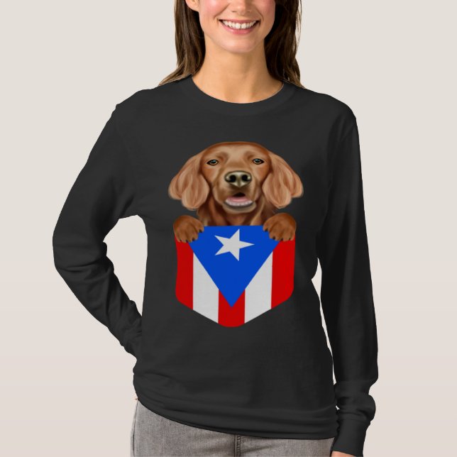 Puerto Rico Flag Irish Setter Dog In Pocket T Shirt (Framsida)