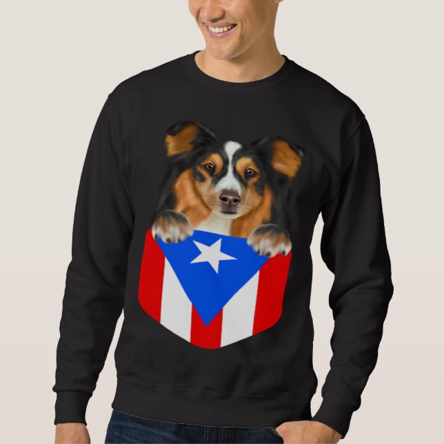 Puerto Rico Flag Shetland Sheepdog Dog In Pocket Lång Ärmad Tröja (Framsida)