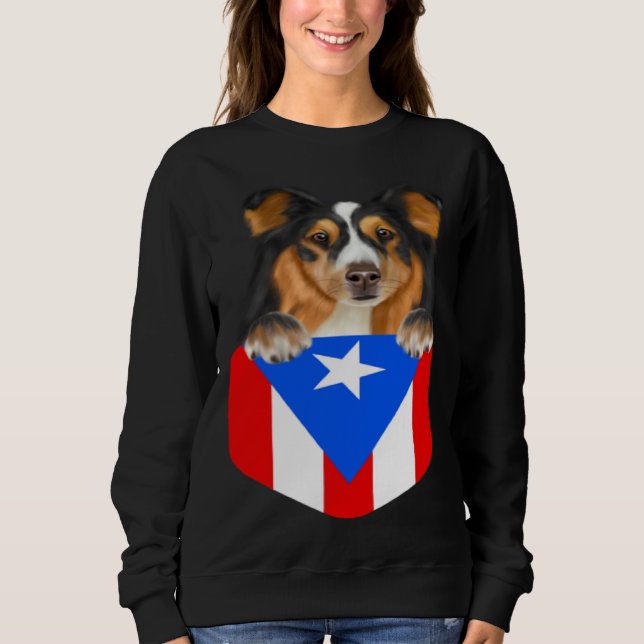 Puerto Rico Flag Shetland Sheepdog Dog In Pocket T Shirt (Framsida)