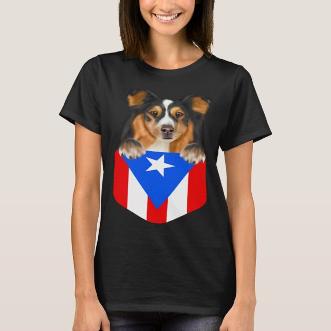 Puerto Rico Flag Shetland Sheepdog Dog In Pocket T Shirt (Framsida)