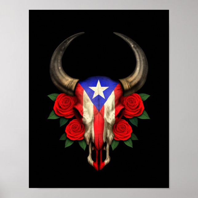 Puerto Rico Flagga Bull Skull med Röd ros Poster (Framsidan)