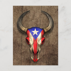 Puerto Rico Flagga Bull Skull om träeffekten Vykort