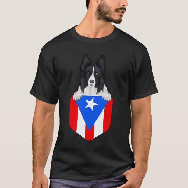 Puerto Rico Flagga Collie Hund i Pocket T Shirt (Framsida)