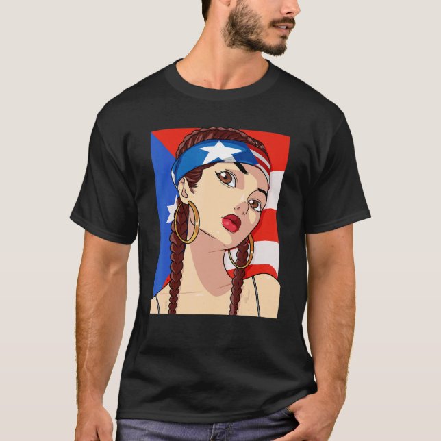 Puerto Rico Flagga Hip hop Girl Latino Rican Pride T Shirt (Framsida)