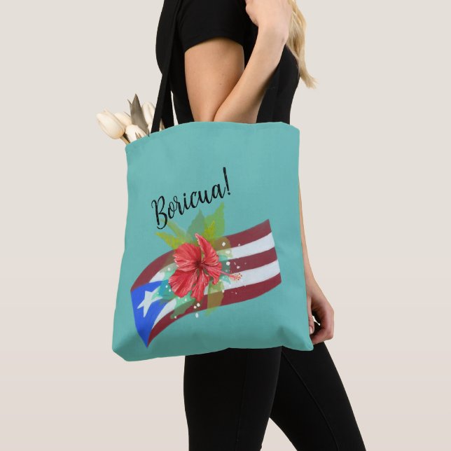 Puerto Rico flagga med flor de maga boricua Tygkasse (Närbild)