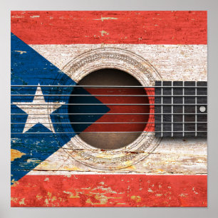 Puerto Rico Flagga om det gamla akustiska Guitar Poster