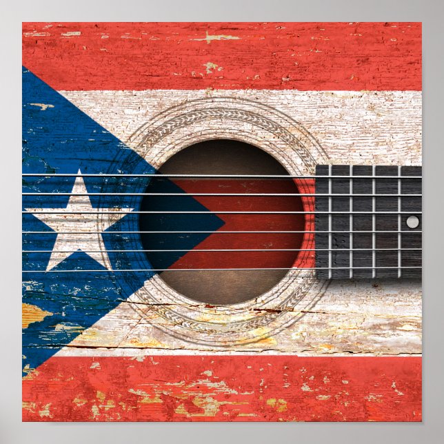 Puerto Rico Flagga om det gamla akustiska Guitar Poster (Framsidan)