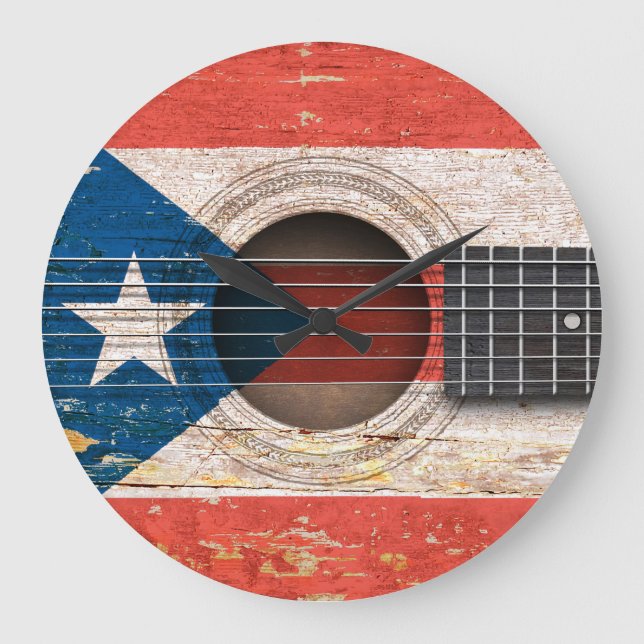 Puerto Rico Flagga om det gamla akustiska Guitar Stor Klocka (Framsida)