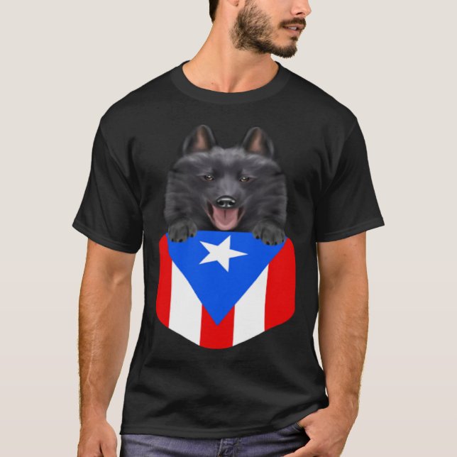 Puerto Rico Flagga Schipperke Hund in Pocket T Shirt (Framsida)