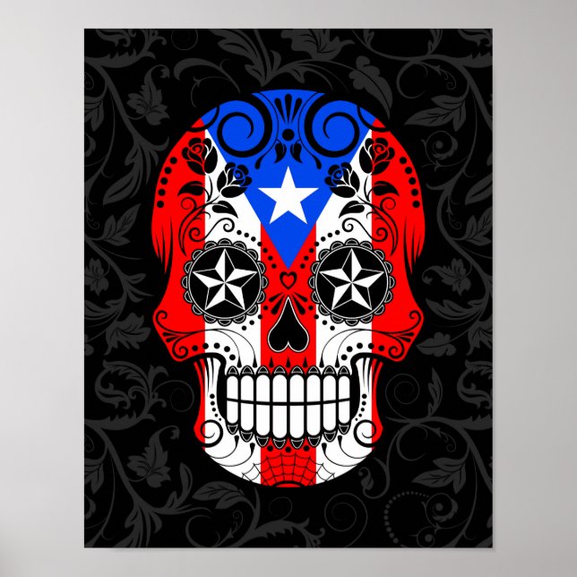 Puerto Rico Flagga Sugar Skull med Ro Poster (Framsidan)