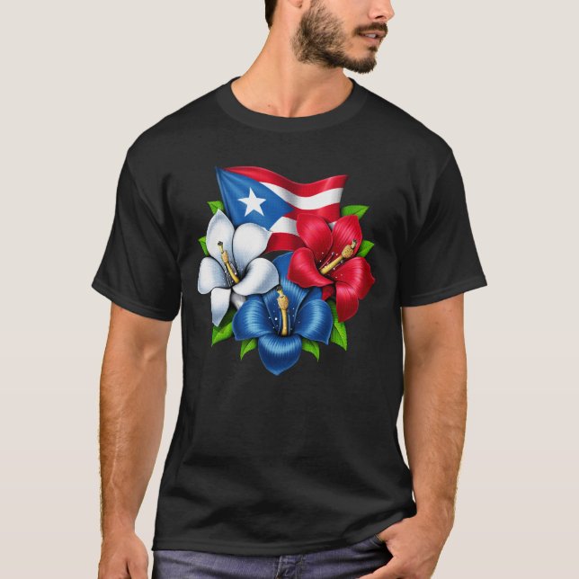 Puerto Rico Flowers Flagga T Shirt (Framsida)