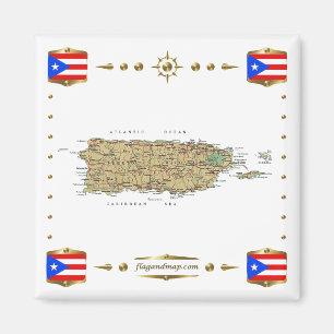 Puerto Rico Karta + Flaggor Magnet