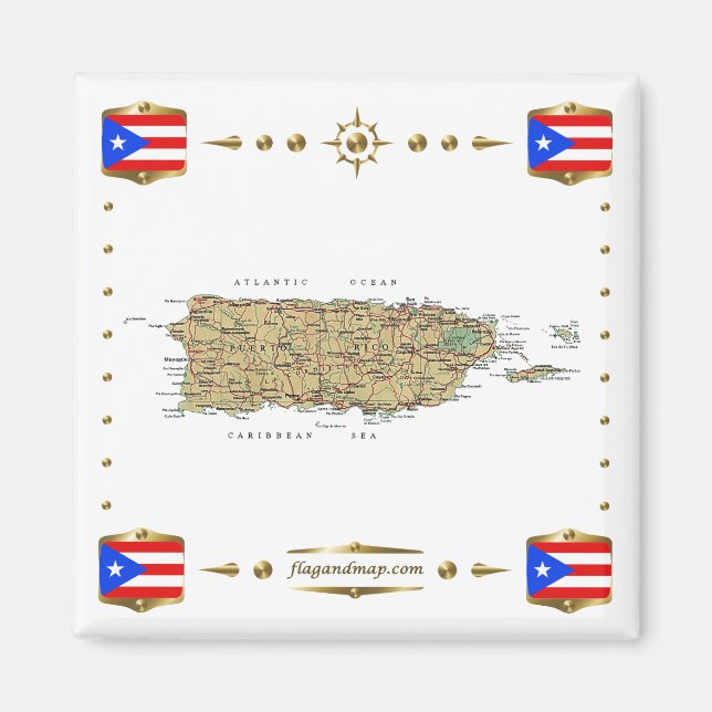 Puerto Rico Karta + Flaggor Magnet (Framsidan)