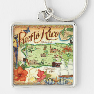 Puerto Rico Karta Fyrkantig Silverfärgad Nyckelring