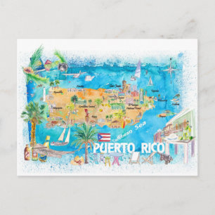 Puerto Rico-öarna Illustrated Travel Karta Vykort