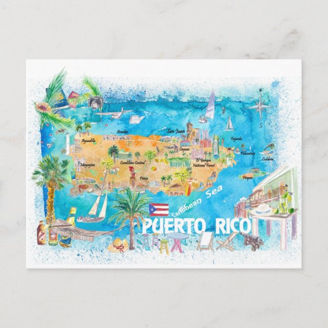 Puerto Rico-öarna Illustrated Travel Karta Vykort (Framsida)