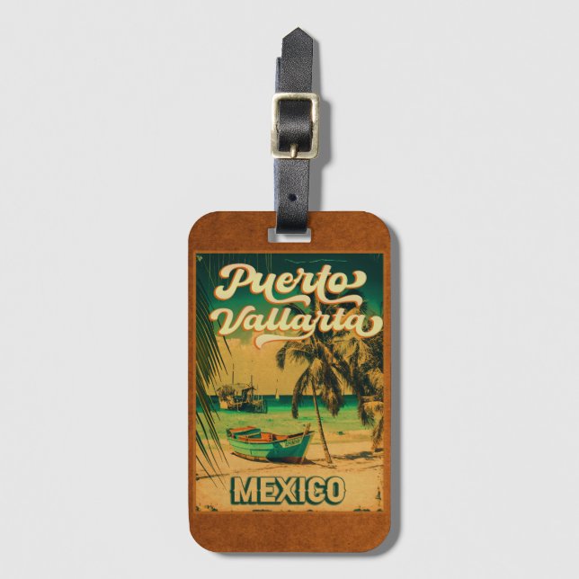 Puerto Vallarta Handflatan Träd Retro 80-talet Mex Bagagebricka (Framsida vertikal)