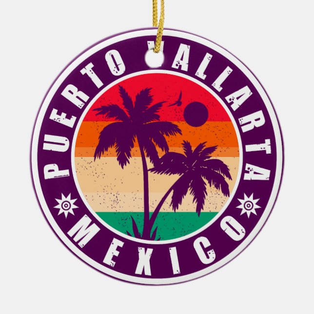 Puerto Vallarta Handflatan Träd Retro 80-talet Mex Julgransprydnad Keramik (Framsidan)
