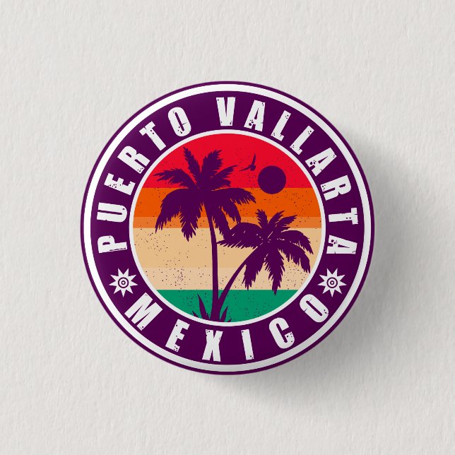 Puerto Vallarta Handflatan Träd Retro Souvenir 80- Knapp (Framsida)