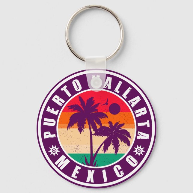 Puerto Vallarta Handflatan Träd Retro Souvenir 80- Nyckelring (Framsida)