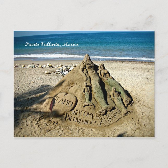Puerto Vallarta Mexico Beach Sand Art Postcard Vykort (Framsida)