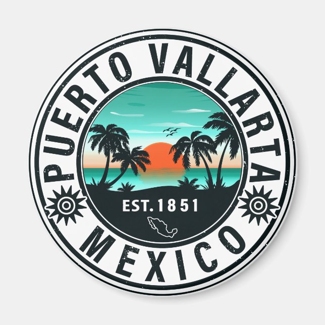 Puerto Vallarta Mexico Retro Sunset Souvenirs 60 Magnet (Framsidan)