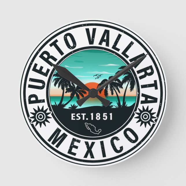Puerto Vallarta Mexico Retro Sunset Souvenirs 60 Rund Klocka (Framsida)